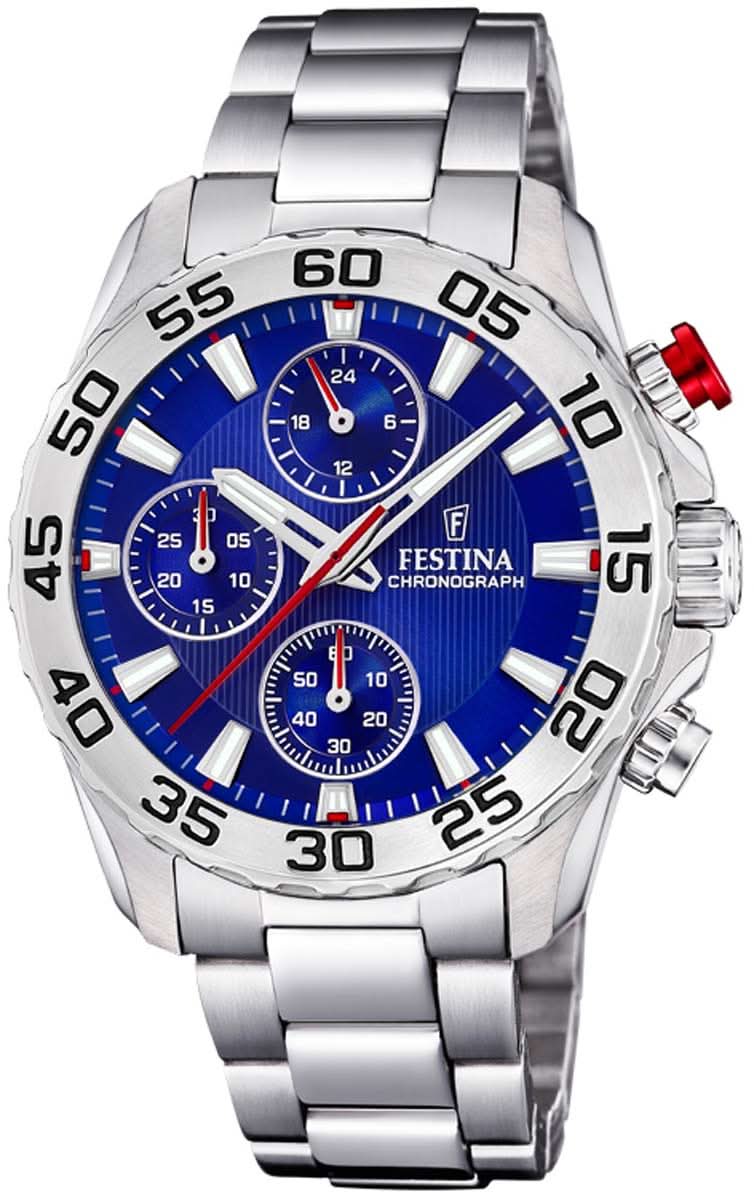 Reloj cronógrafo plateado con esfera azul y correa de acero inoxidable, corona a la derecha