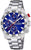Reloj cronógrafo plateado con esfera azul y correa de acero inoxidable, corona a la derecha