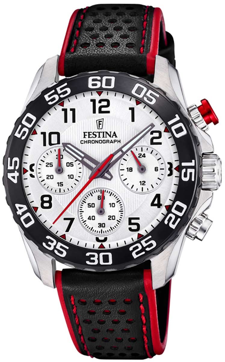 Reloj cronógrafo para niños: esfera negra, detalles rojos, correa de cuero negra