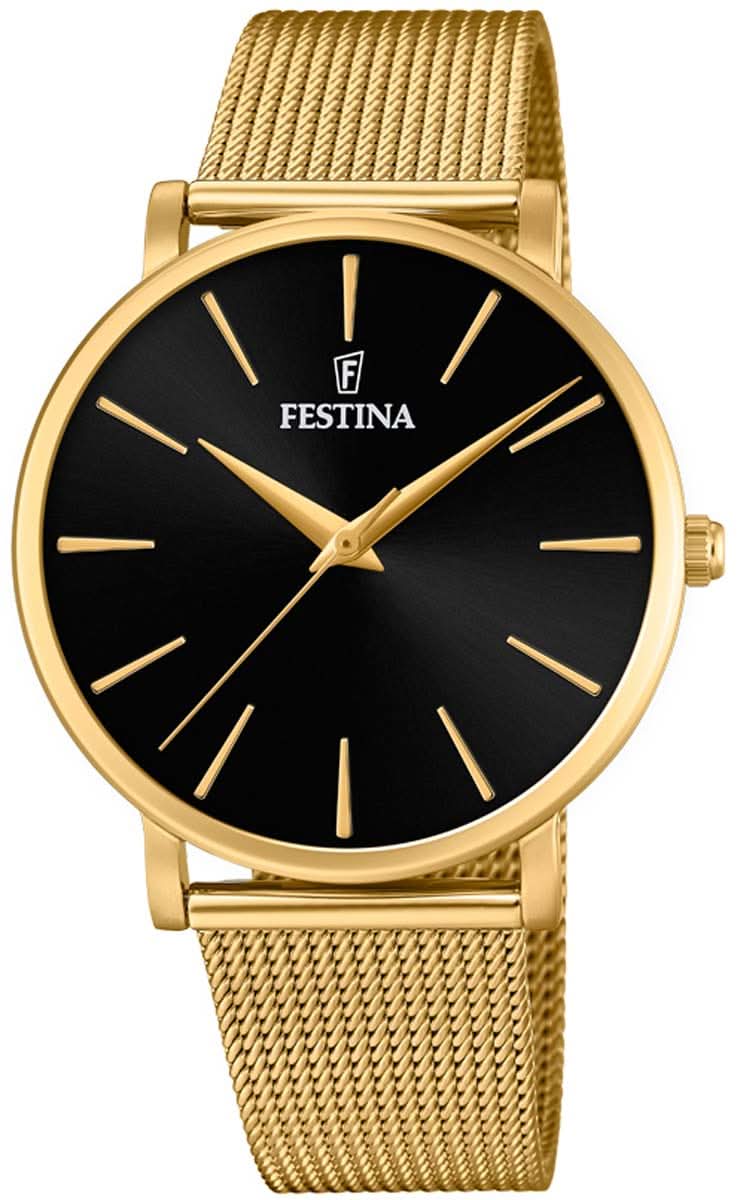 Reloj de hombre con correa metálica dorada y esfera negra, caja redonda