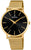 Reloj de hombre con correa metálica dorada y esfera negra, caja redonda