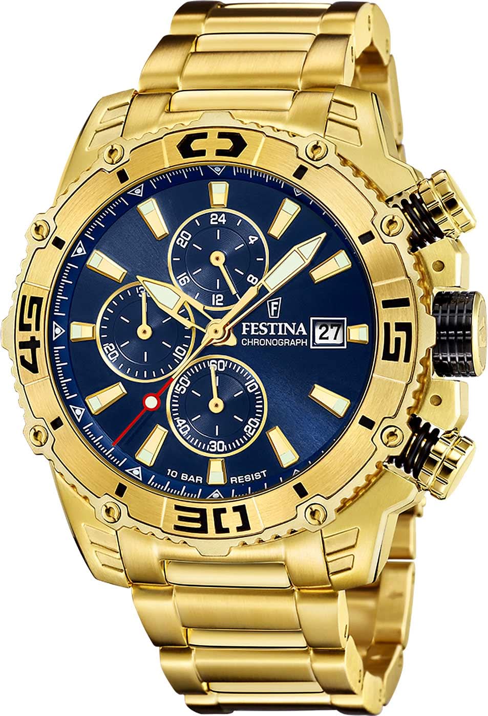 Reloj de hombre cronógrafo con esfera azul, pulsera bicolor dorada