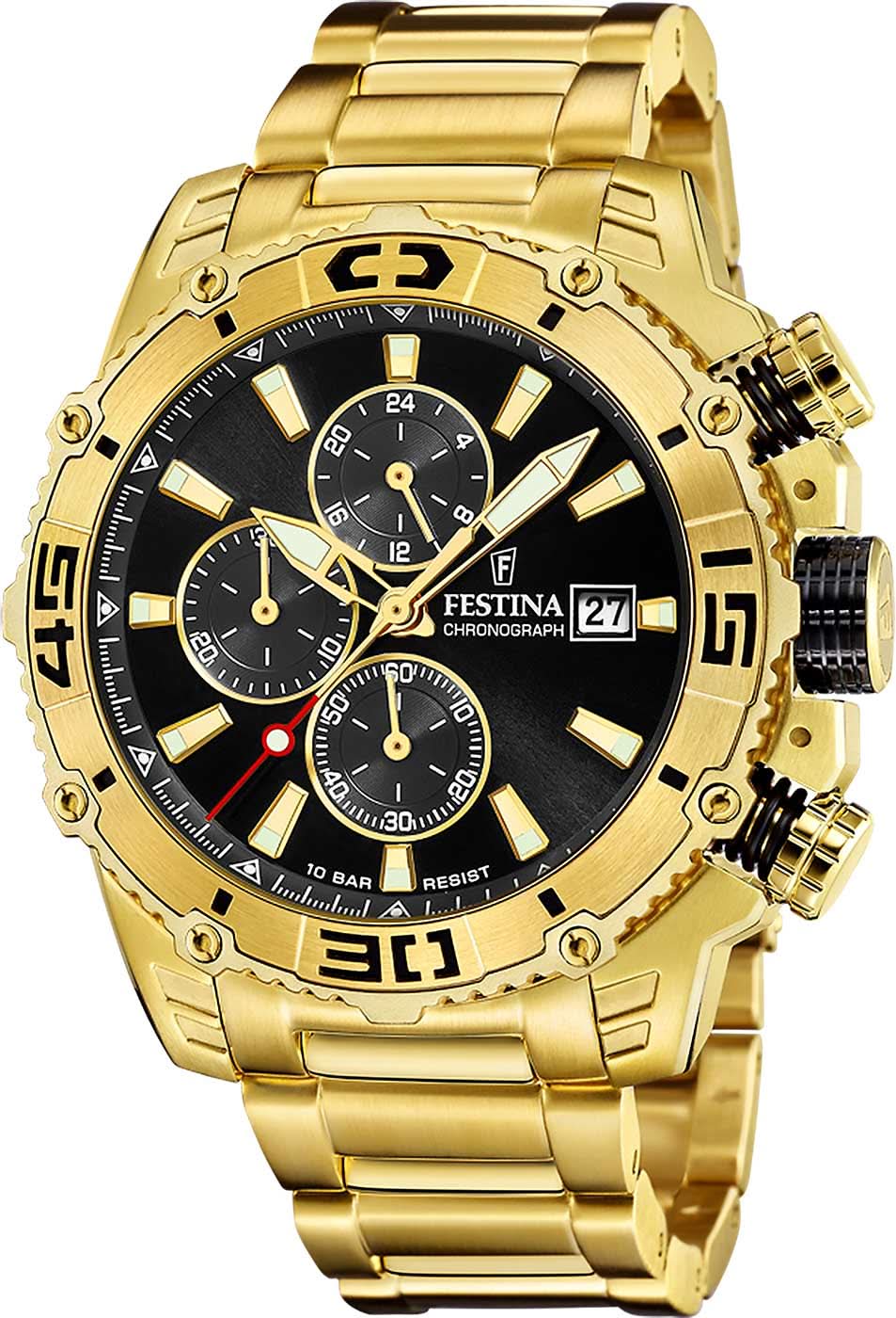 Reloj de hombre cronógrafo con bisel de acero inoxidable dorado, esfera negra y fecha 27