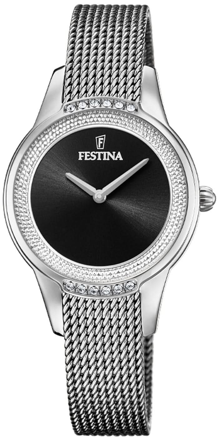 "Festina Reloj de Mujer con Esfera Negra y Correa de Malla de Acero Inoxidable Plateado"