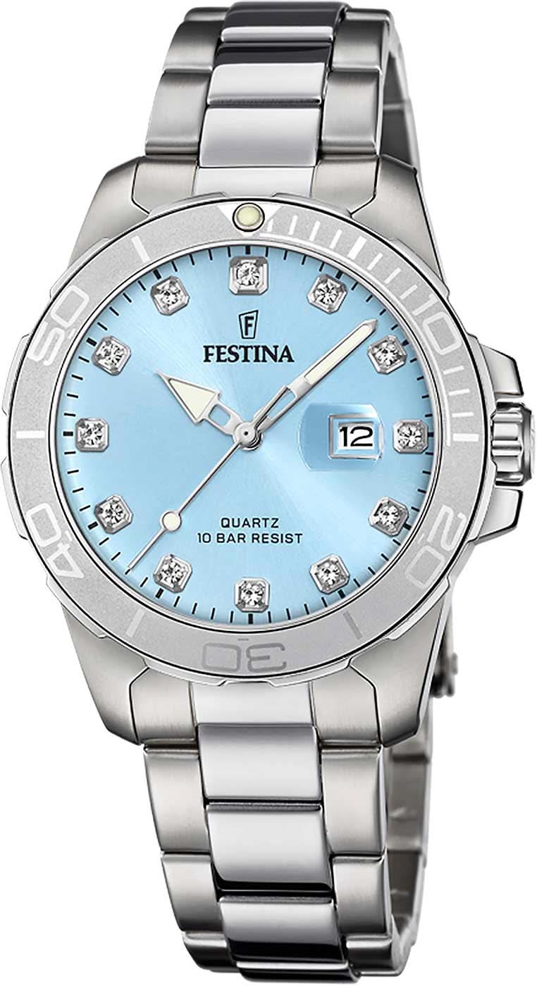 Reloj Festina para mujer con esfera azul, índices romanos y pulsera de metal plateado