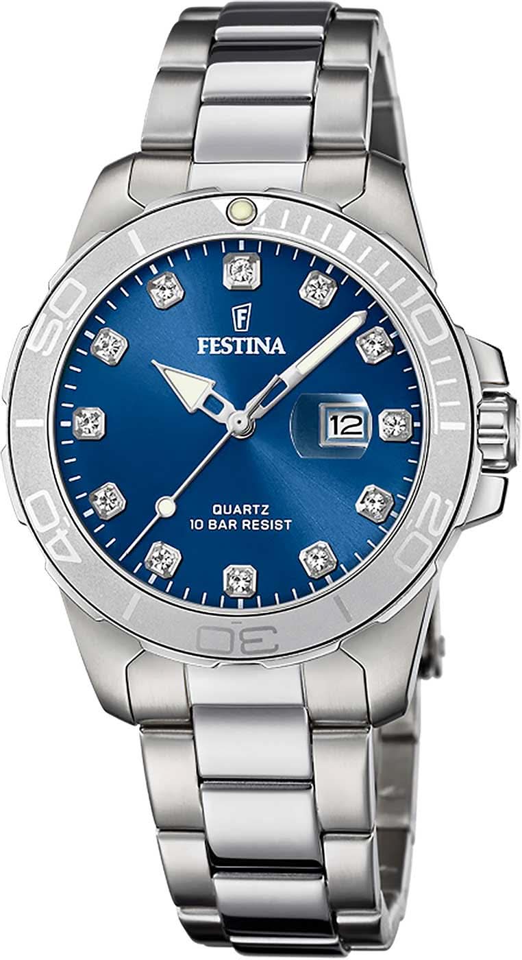 Reloj de mujer con esfera azul, brazalete redondo de acero inoxidable plateado y bisel