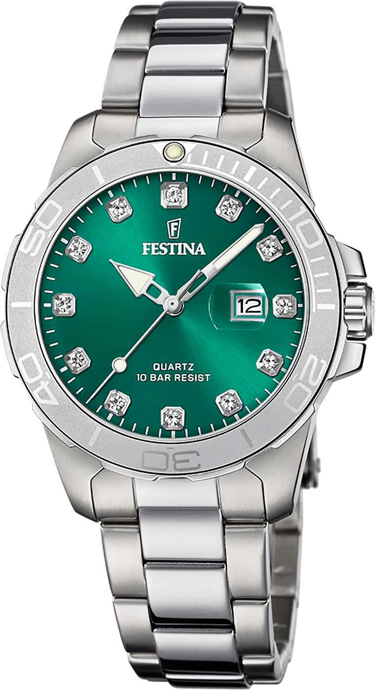 Reloj de mujer con esfera verde, brazalete de acero inoxidable y visualización de fecha.