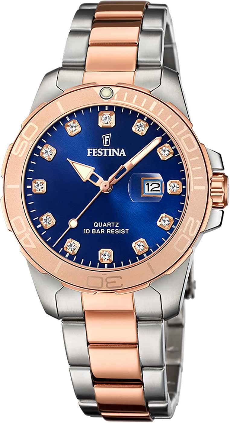 "Reloj de mujer con esfera azul, correa de acero inoxidable en tono oro rosa y visualización de fecha"