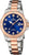 "Reloj de mujer con esfera azul, correa de acero inoxidable en tono oro rosa y visualización de fecha"