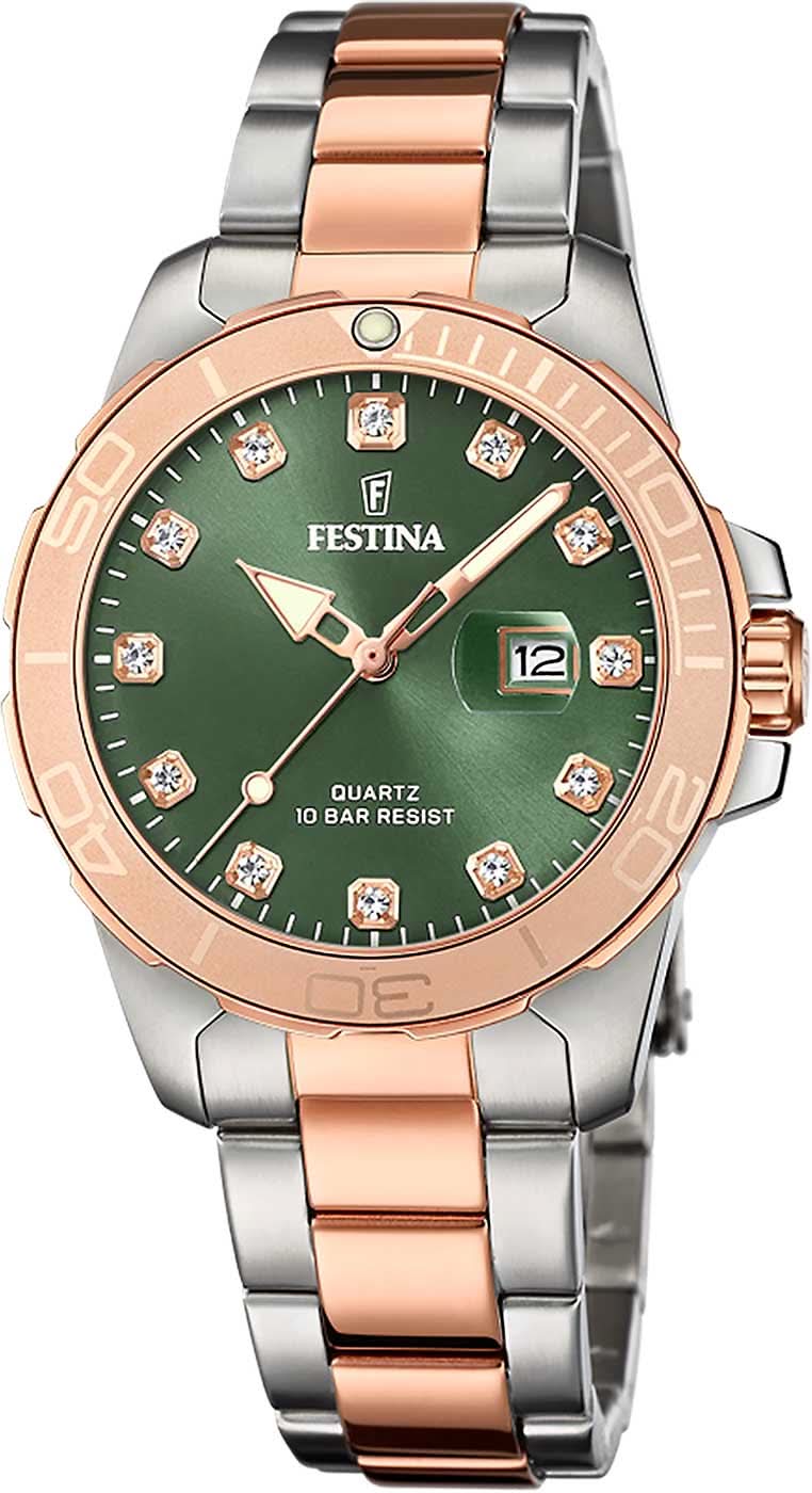 "Reloj de mujer con esfera verde, eslabones en tono oro rosa y fecha a las 12 en punto"