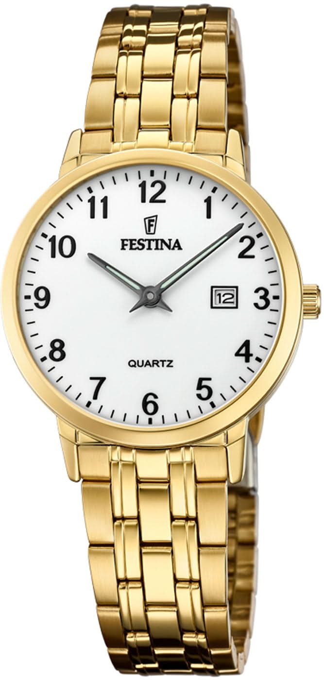Reloj de mujer con pulsera de acero inoxidable dorada y esfera blanca, pantalla redonda