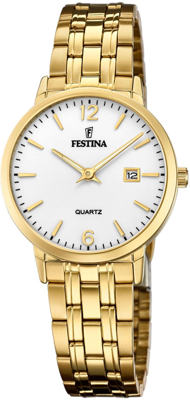 Festina Reloj de mujer con pulsera de acero inoxidable dorada y esfera blanca, manecillas de cuarzo