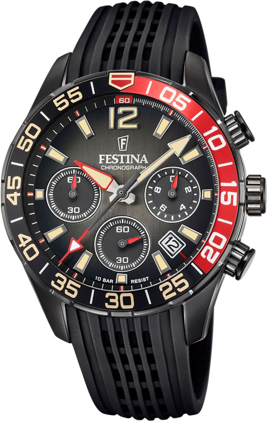 Reloj deportivo para hombre con caja negra, esfera negra y bisel rojo