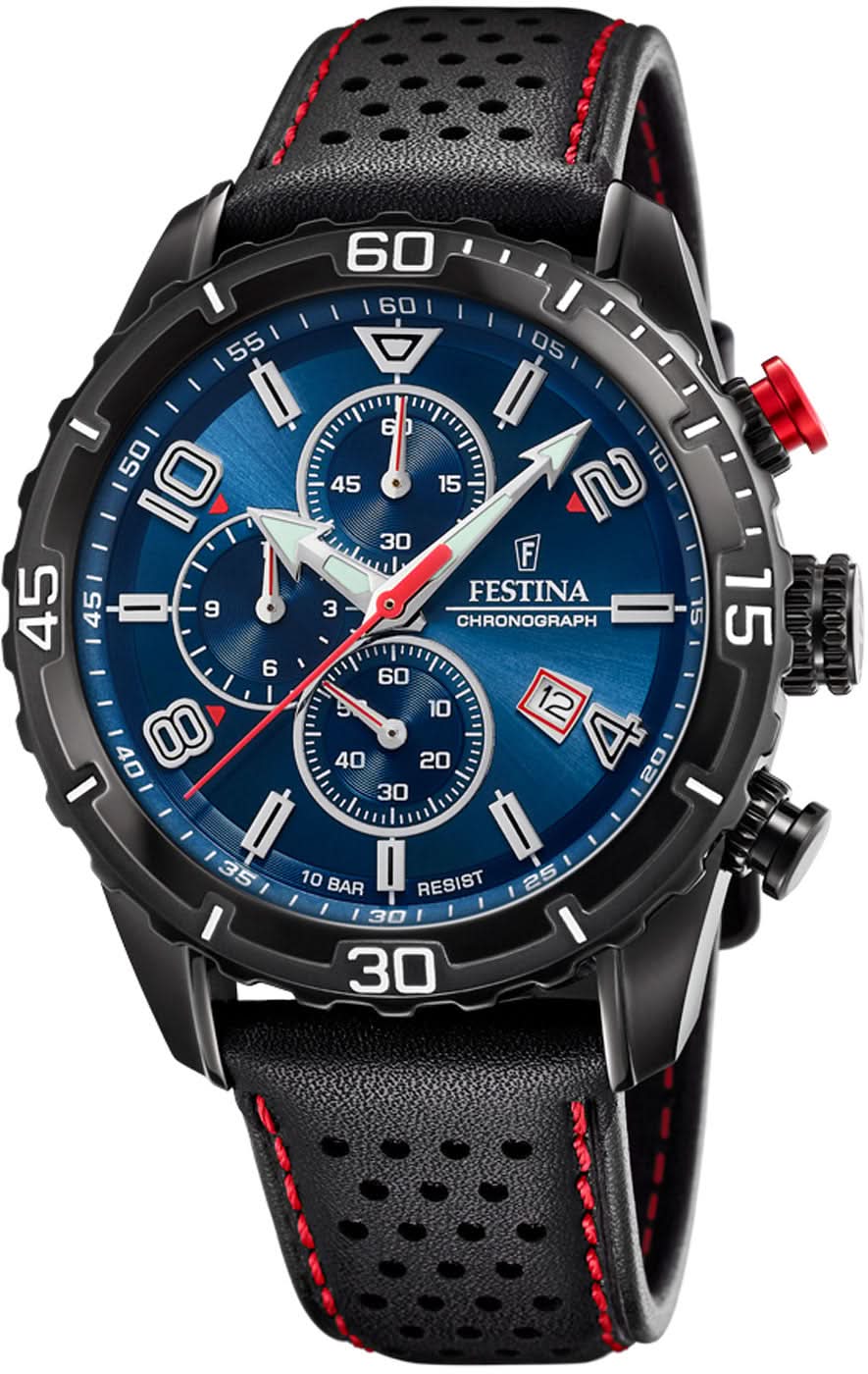 Reloj cronógrafo para hombre con esfera azul, caja negra y correa de cuero negra