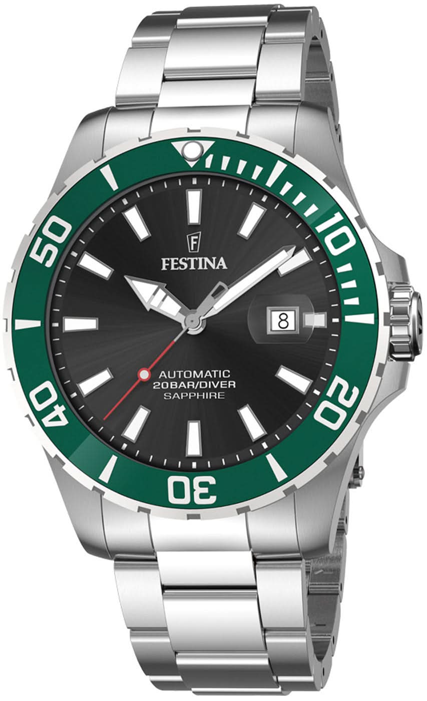 Reloj Festina para hombre con esfera verde, automático, correa de acero inoxidable, cristal de zafiro