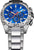 Reloj cronógrafo para hombre con esfera azul, detalles rojos, ventana de fecha y correa de acero inoxidable