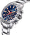Reloj cronógrafo para hombre, vista lateral con corona, esfera azul y subesferas de cronógrafo.