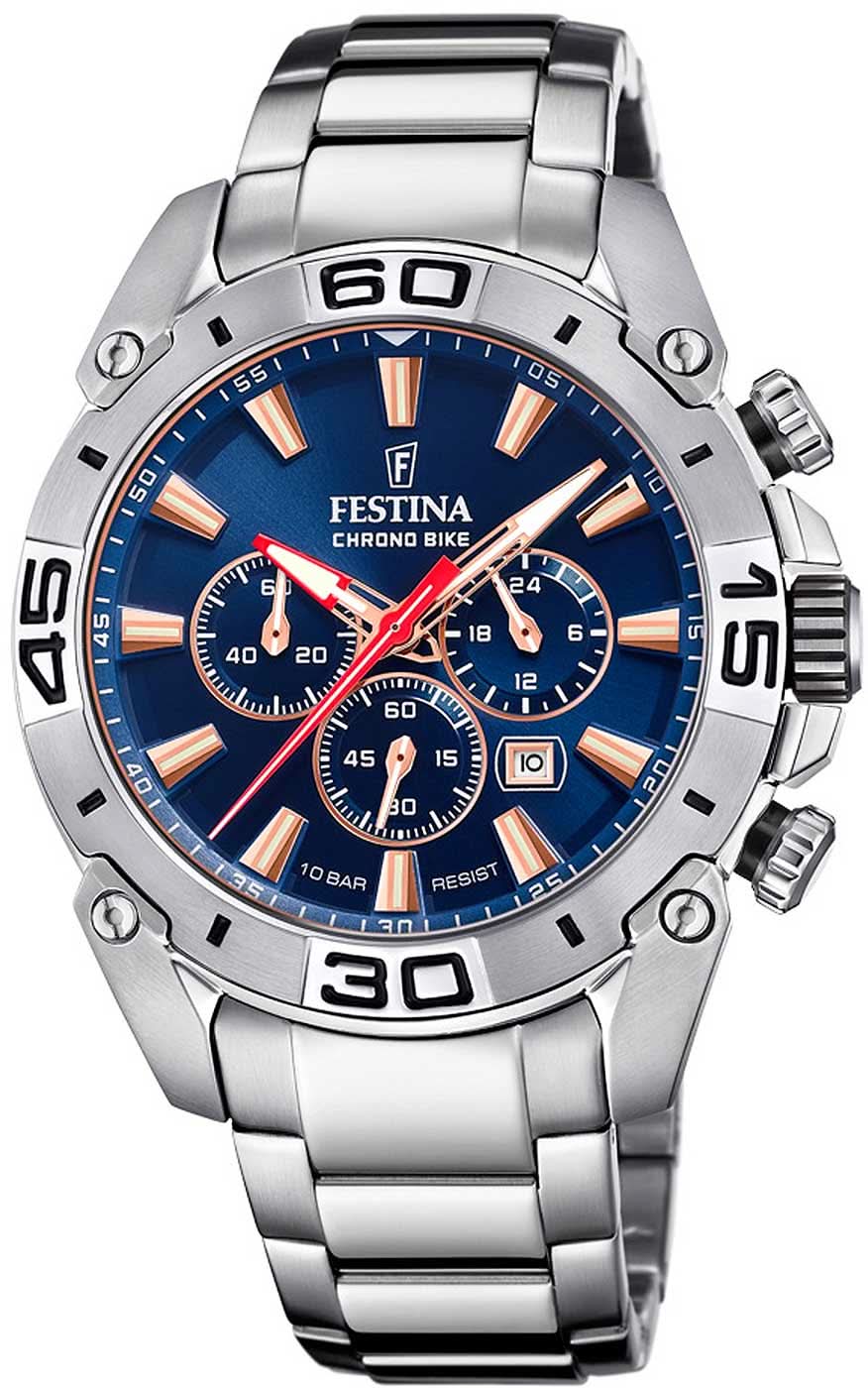 Reloj cronógrafo para hombre con esfera azul, correa de acero inoxidable plateada e índices luminosos.