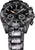 Reloj cronógrafo para hombre con esfera negra, manecillas naranjas y correa de camuflaje gris.