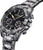 Reloj cronógrafo para hombre con esfera negra, manecillas naranjas y correa de camuflaje gris.
