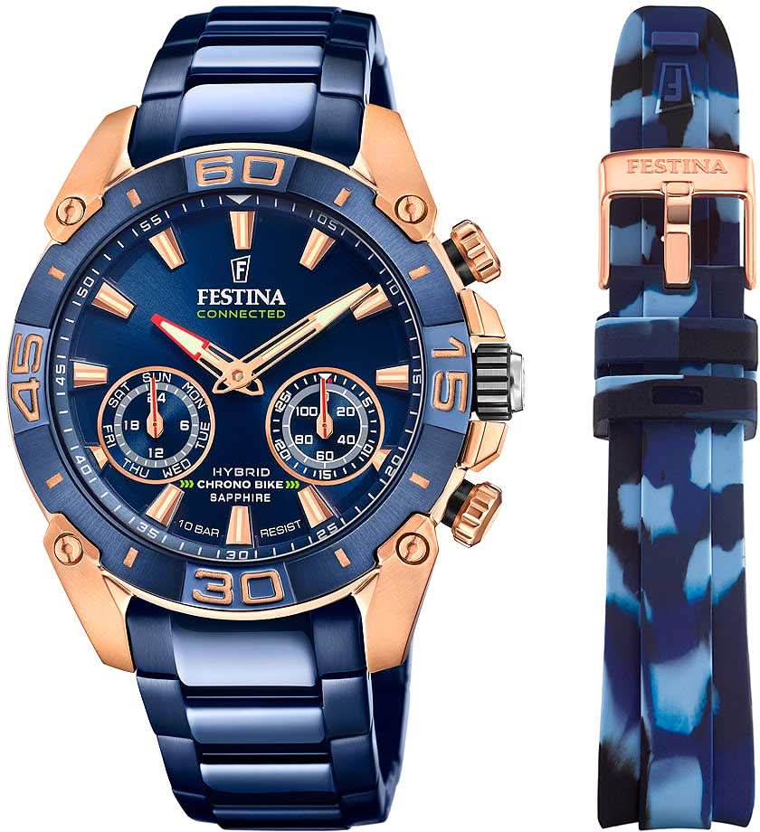 Reloj Festina para hombre con esfera azul, subesferas de cronógrafo y bisel dorado