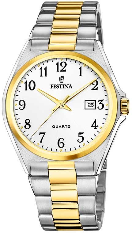 Pulsera de acero inoxidable para hombre con detalles dorados, esfera blanca y ventana de fecha