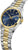 Reloj bicolor para hombre con esfera azul, correa de metal y caja redonda
