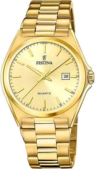 Reloj de hombre con correa de metal dorado, esfera beige y ventana de fecha a las 3 en punto