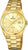 Reloj de hombre con correa de metal dorado, esfera beige y ventana de fecha a las 3 en punto