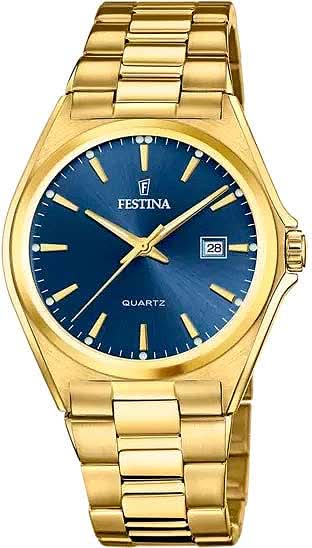 Reloj Festina para hombre con esfera azul y correa de acero inoxidable en tono dorado, pantalla analógica