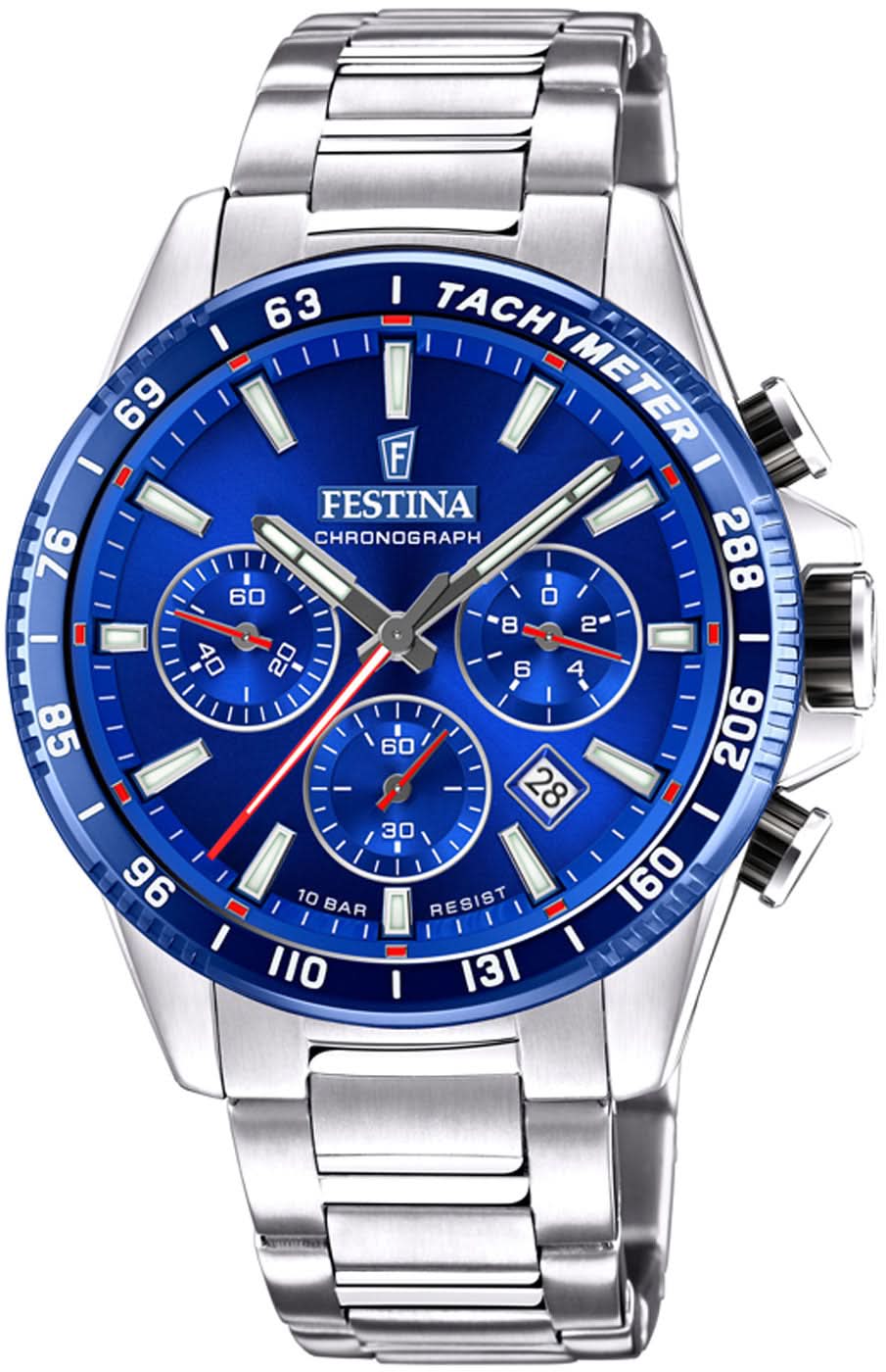 Reloj de hombre con esfera azul, subesferas de cronógrafo y correa de acero inoxidable