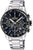 Reloj de hombre cronógrafo de acero inoxidable con esfera negra, detalles azules y correa de acero