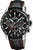 Reloj cronógrafo deportivo con esfera negra, correa de cuero negra y detalles en rojo