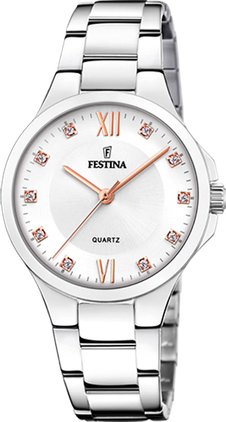 "Reloj de mujer con correa de acero inoxidable, esfera blanca y números romanos"