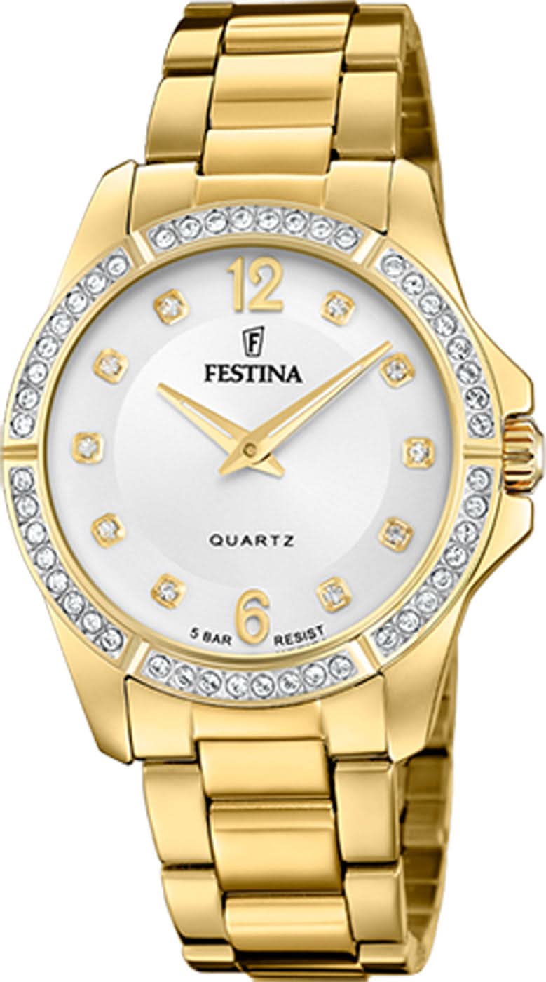 "Reloj de mujer con pulsera de acero inoxidable en tono dorado, esfera blanca y borde de pedrería"