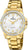 "Reloj de mujer con pulsera de acero inoxidable en tono dorado, esfera blanca y borde de pedrería"