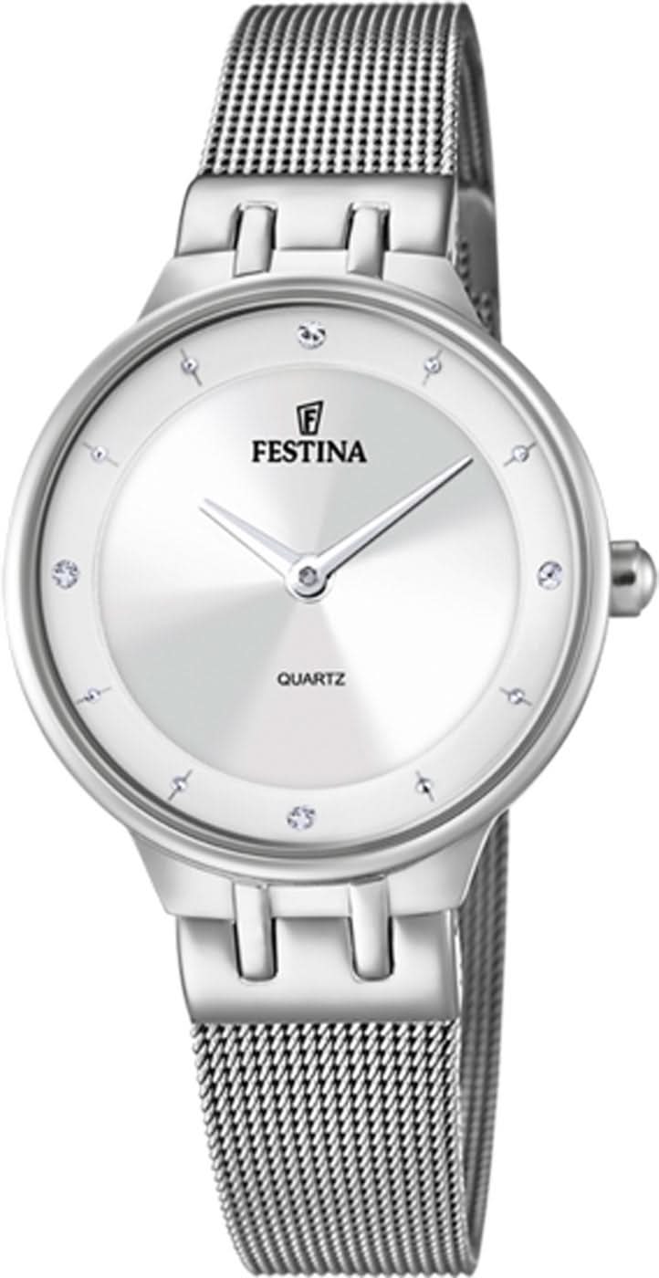 "Reloj de mujer con esfera blanca y correa de malla de acero inoxidable, caja redonda"