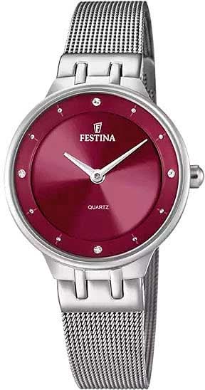 "Reloj de mujer con brazalete de metal plateado y esfera burdeos, Festina, índices redondos"