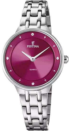 Reloj plateado para mujer con correa de acero inoxidable y esfera morada, con logo FESTINA