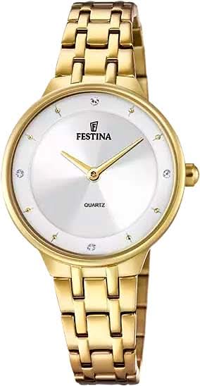 "Reloj de mujer con pulsera de acero inoxidable en tono dorado y esfera blanca, cuarzo."