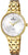 "Reloj de mujer con pulsera de acero inoxidable en tono dorado y esfera blanca, cuarzo."