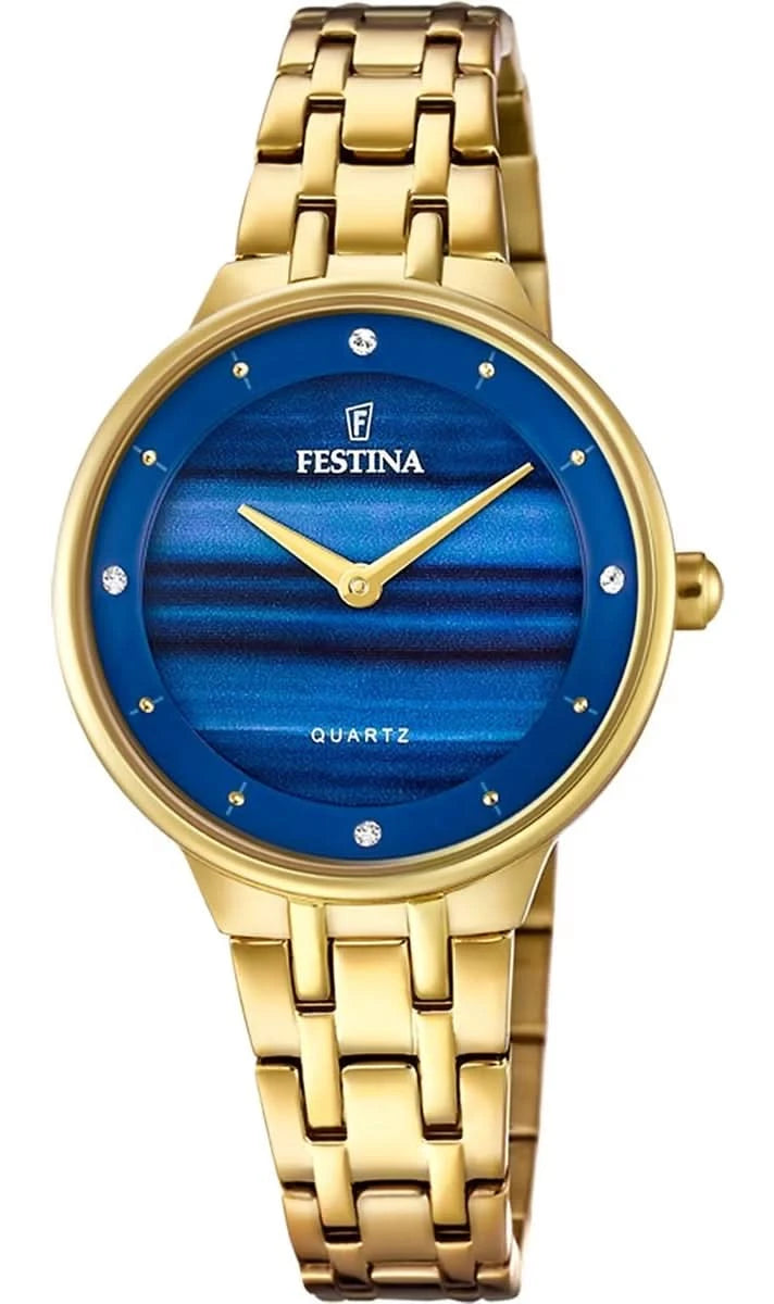 Festina Reloj de mujer con correa milanesa dorada y esfera azul, cuarzo