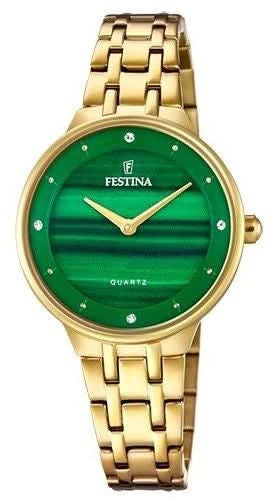 Reloj de mujer con esfera verde y pulsera de cadena de metal dorado