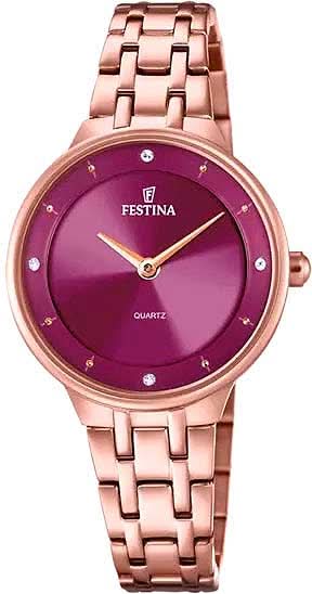 "Reloj de mujer con esfera morada, correa de acero inoxidable en tono oro rosa y manecillas doradas"