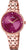 "Reloj de mujer con esfera morada, correa de acero inoxidable en tono oro rosa y manecillas doradas"