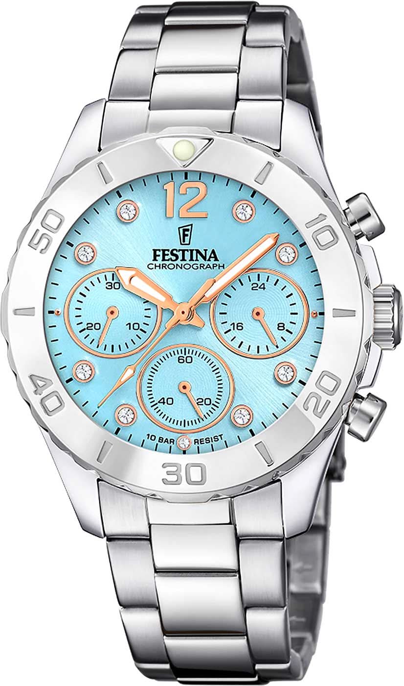 Reloj de mujer Festina con correa de acero inoxidable y esfera azul, cronógrafo