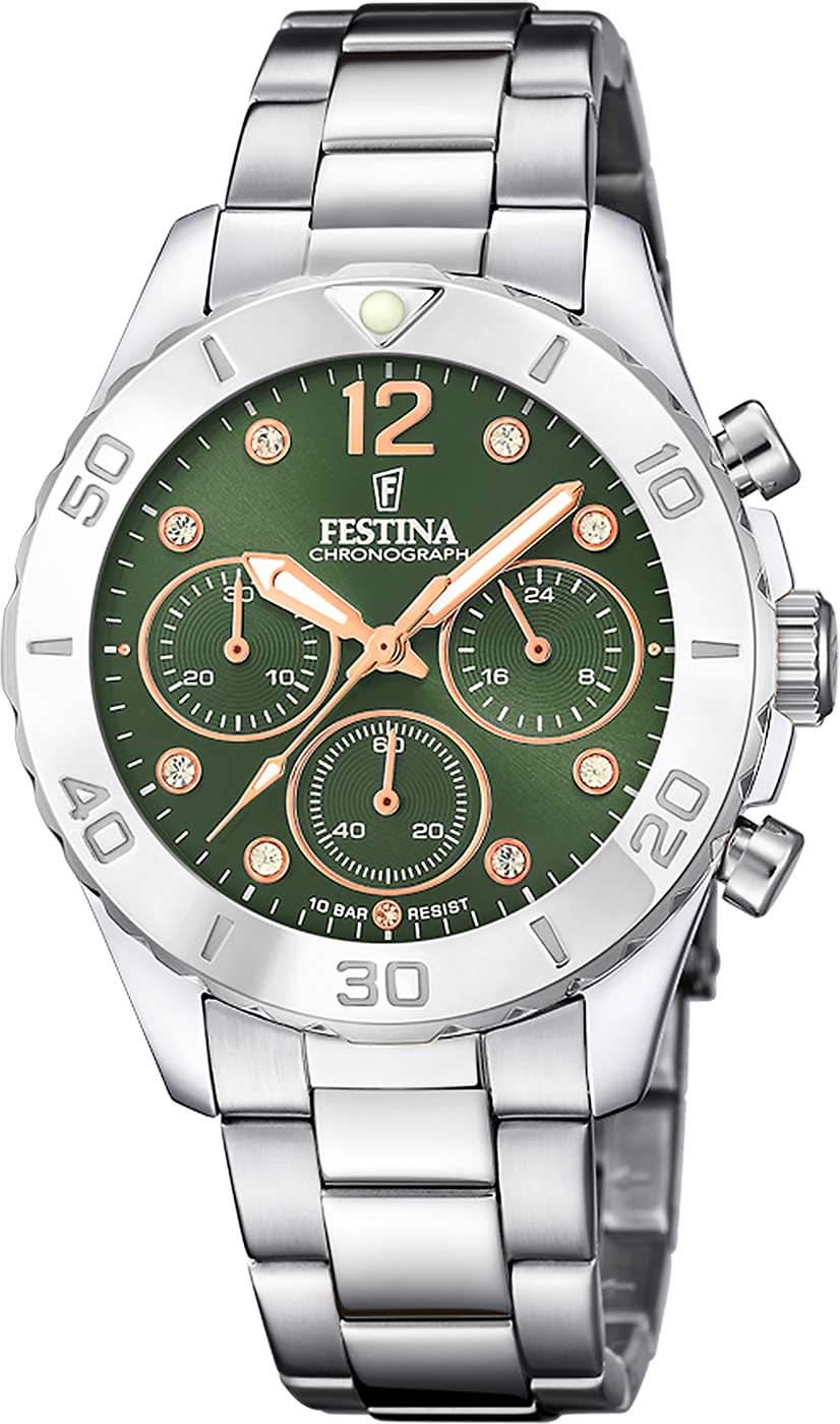 Festina Reloj de mujer con esfera verde, correa de acero inoxidable y detalles de cronógrafo