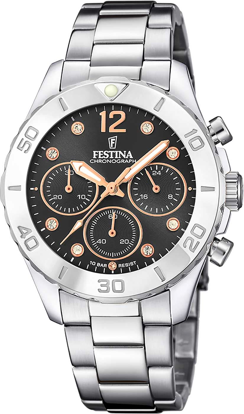 Reloj de mujer con pulsera de acero inoxidable, esfera negra de cronógrafo