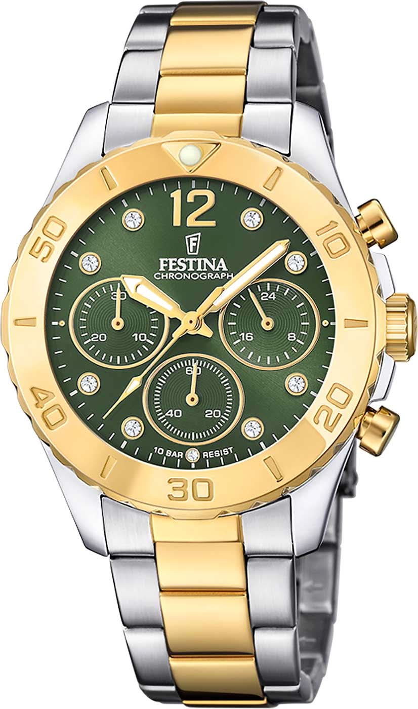 Reloj de mujer bicolor de acero inoxidable con esfera verde y subesferas de cronógrafo