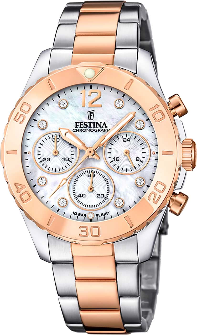Reloj de mujer con correa bicolor de acero inoxidable (plata/oro rosa) y esfera redonda de cronógrafo